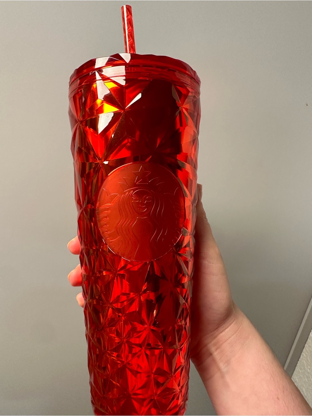 Starbucks Shiny Red Faceted Tumbler with Matching Straw